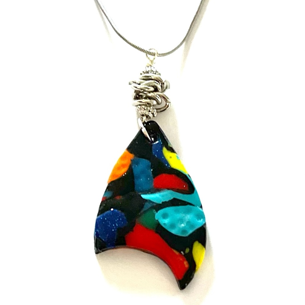 Multicolor polymer clay pendant and 925 silver plated chain.